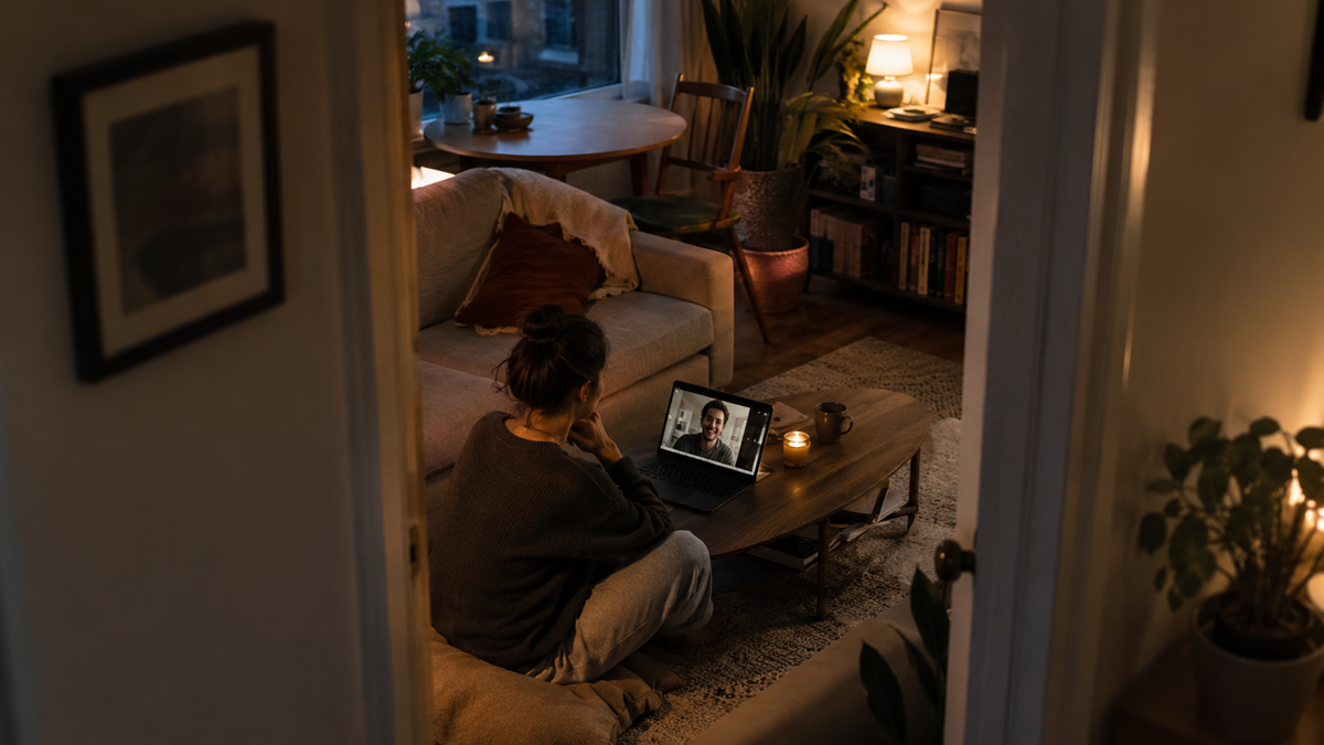 A person sits on the floor in a cozy, warmly lit living room, video chatting with someone on a laptop placed on a coffee table. Candles, plants, and soft furnishings create a relaxed atmosphere.
