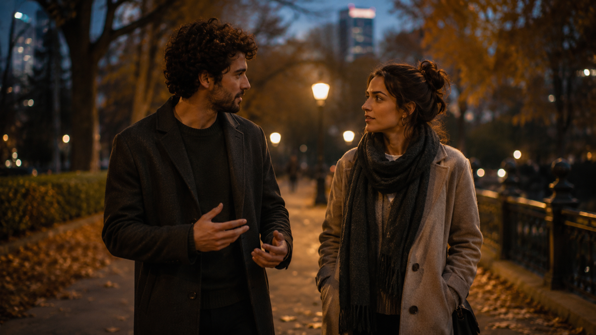A man and woman walk and talk on a tree-lined path in a city park at dusk, wearing coats and scarves. Streetlights glow and fallen leaves cover the ground. Tall buildings are visible in the blurry background. dating