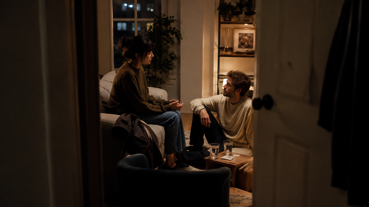 A woman sits on a couch and talks to a man seated on the floor in a dimly lit living room at night. They appear engaged in conversation, with two glasses of water on the table between them.