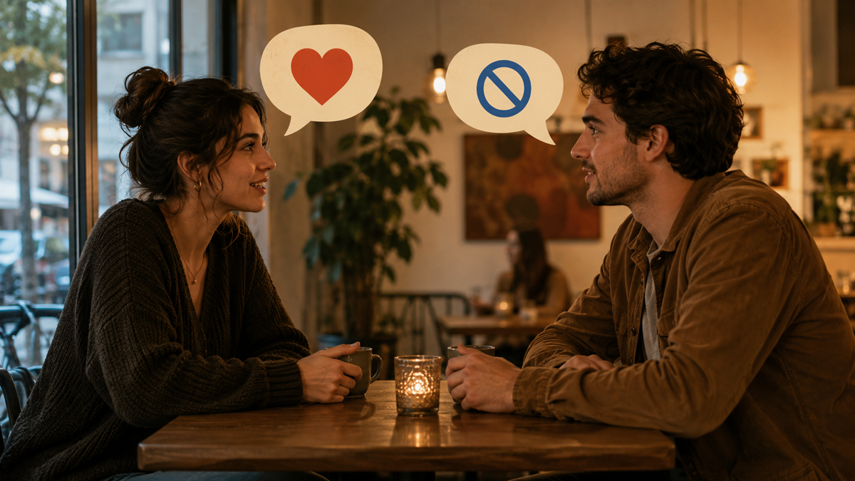 A woman and man sit across from each other at a candlelit café table, smiling. Above their heads are speech bubbles: hers with a red heart, his with a blue prohibition symbol.