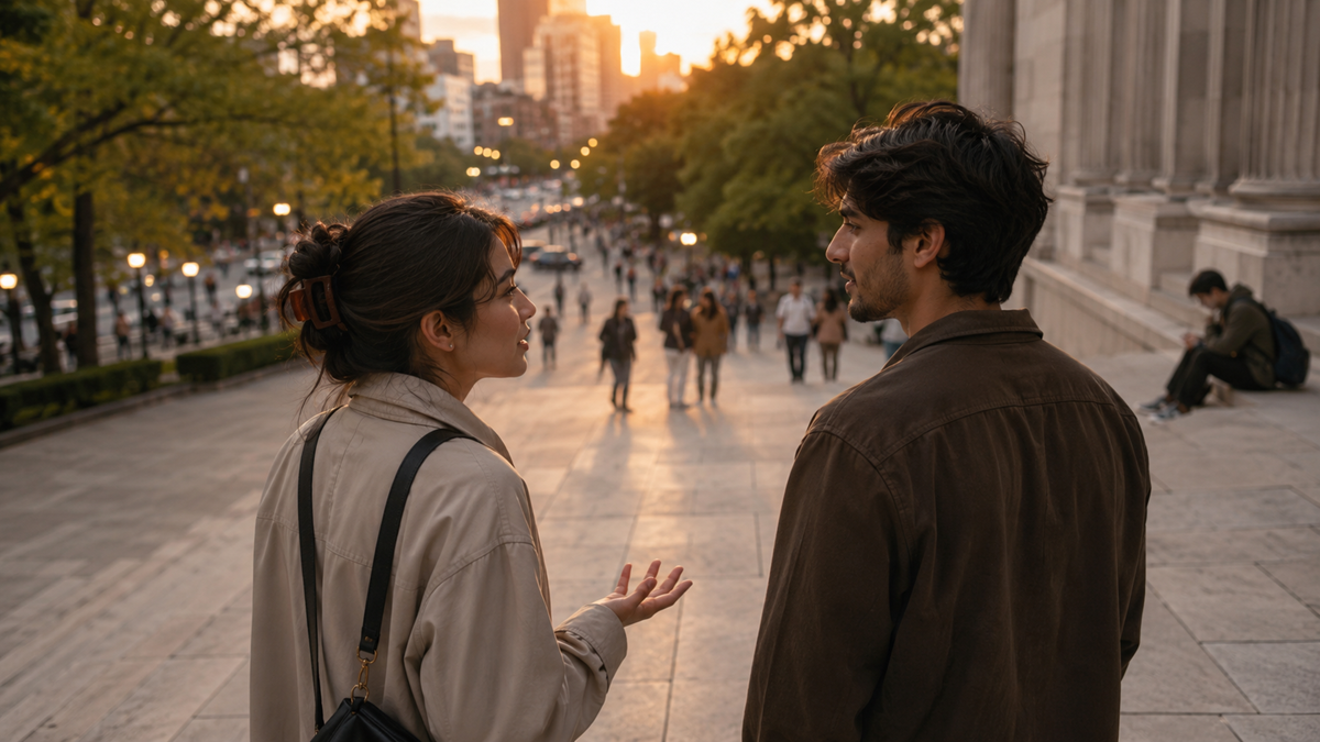 Two people talk while walking up wide stone steps at sunset, with a busy city street and crowd in the background. Both wear light jackets and appear engaged in conversation near a classical building.