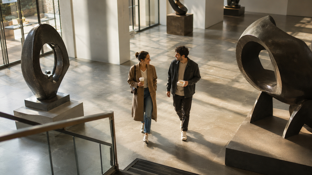 A woman and a man walk through a sunlit modern art gallery, holding drinks and chatting, surrounded by large abstract sculptures on display.