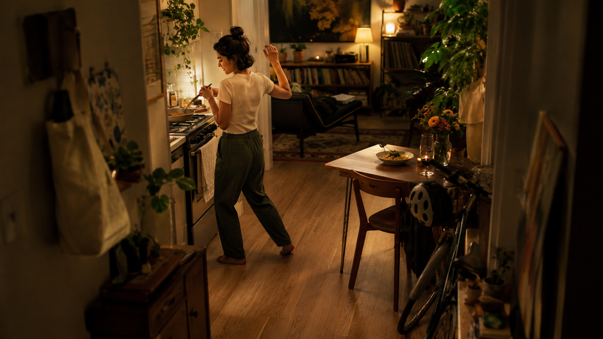 A woman dances while cooking in a cozy, warmly lit kitchen filled with plants, with a dinner table set for one and a bike leaning nearby. A living area with books and art is visible in the background.