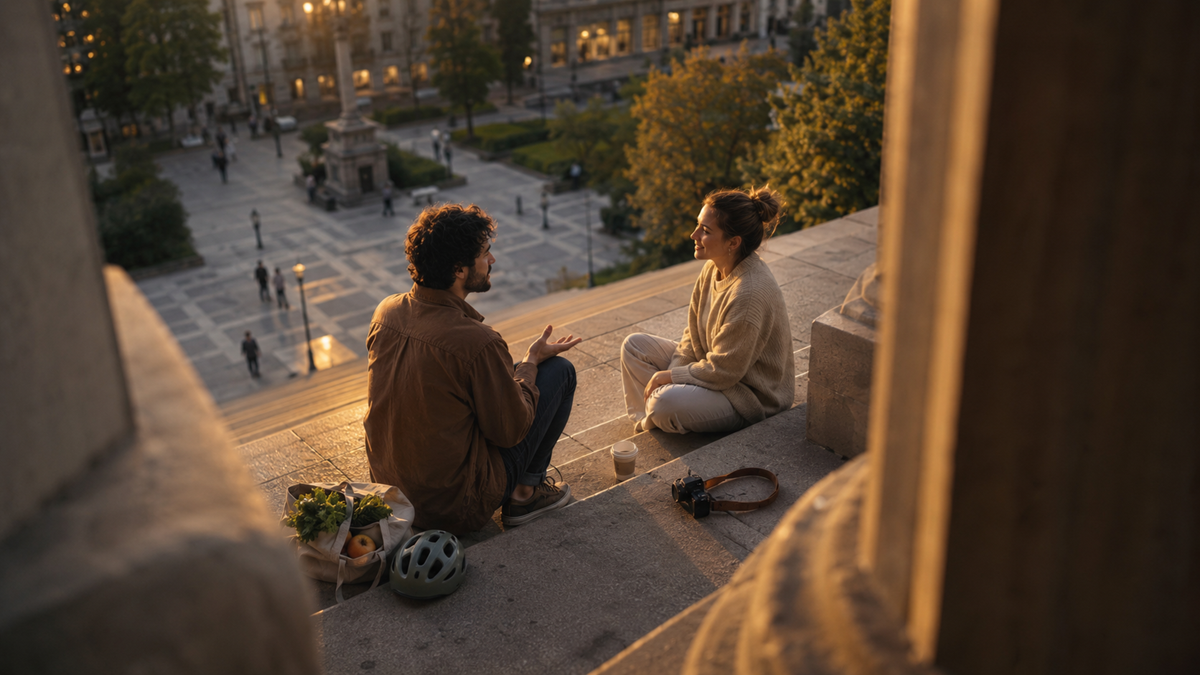 Two people sit on wide stone steps at sunset, talking. They have a bag of groceries, a bicycle helmet, and coffee beside them. A city square with trees, people, and historic buildings is in the background.