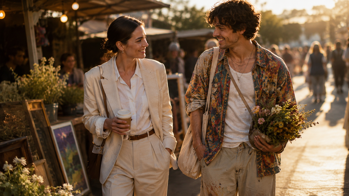 A woman in a cream suit holding coffee and a man in paint-splattered clothes holding a bouquet walk and smile at each other at an outdoor market in warm, golden light.
