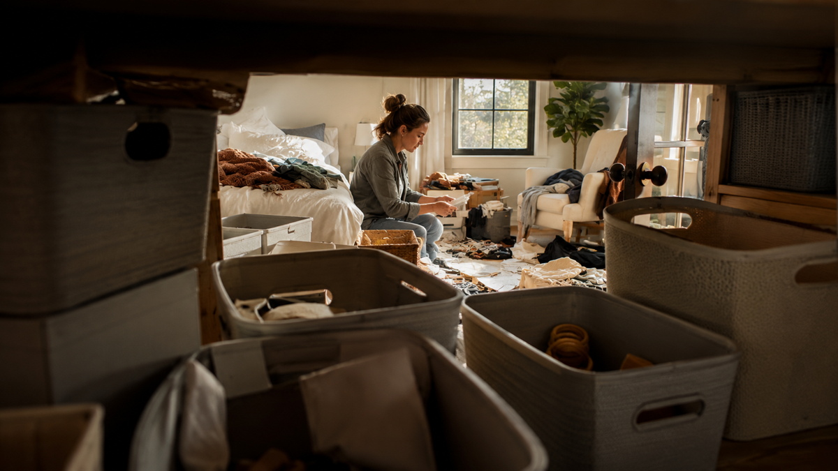 A woman sits on the edge of a messy bed in a cluttered bedroom, surrounded by baskets and scattered clothes, looking thoughtful as sunlight streams through a window behind her.