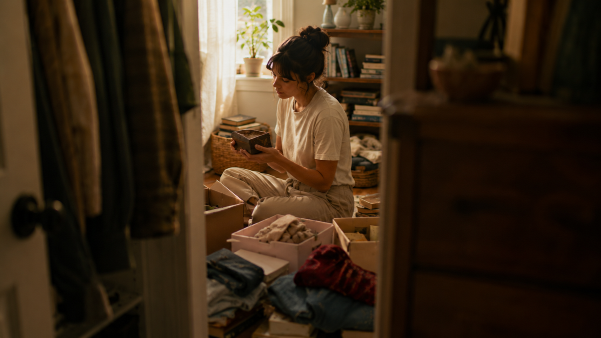 A woman sits on the floor in a sunlit room, sorting through boxes and clothes. She holds an object while surrounded by folded garments, books, and household items, with plants and shelves in the background.