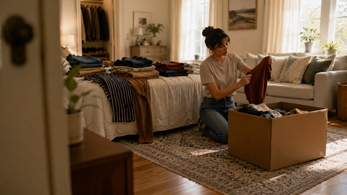 A woman kneels on a rug in a sunlit bedroom, folding clothes into a cardboard box. The bed behind her is covered with neatly stacked clothes, and the room appears organized and cozy.