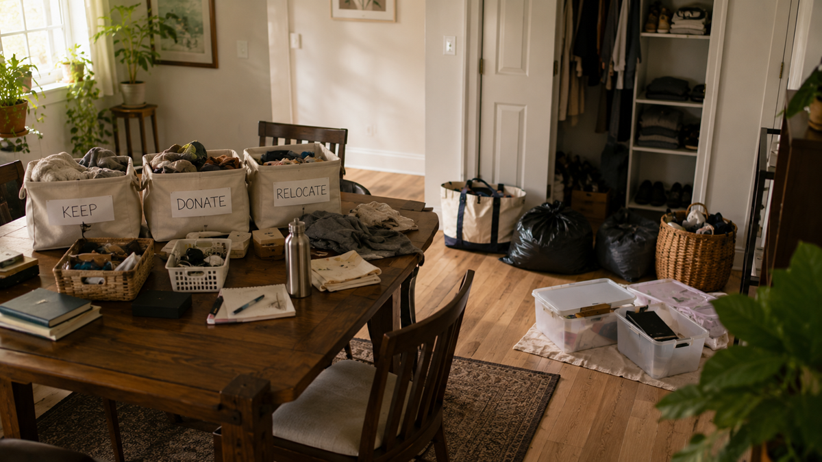 A tidy room with a wooden table covered in baskets labeled "KEEP," "DONATE," and "RELOCATE," along with folded clothes and notebooks. Storage bins and bags are on the floor near an open closet.