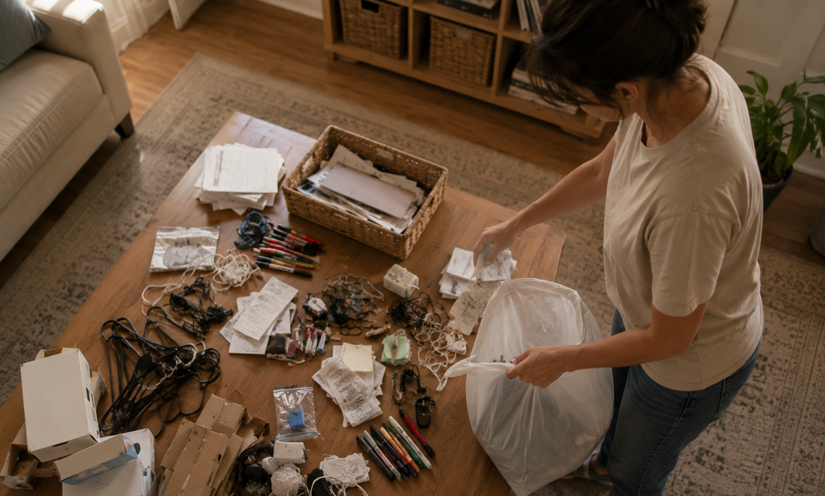 A woman stands by a table covered with assorted papers, pens, cords, and other items, sorting through them with a trash bag in hand in a cozy living room.