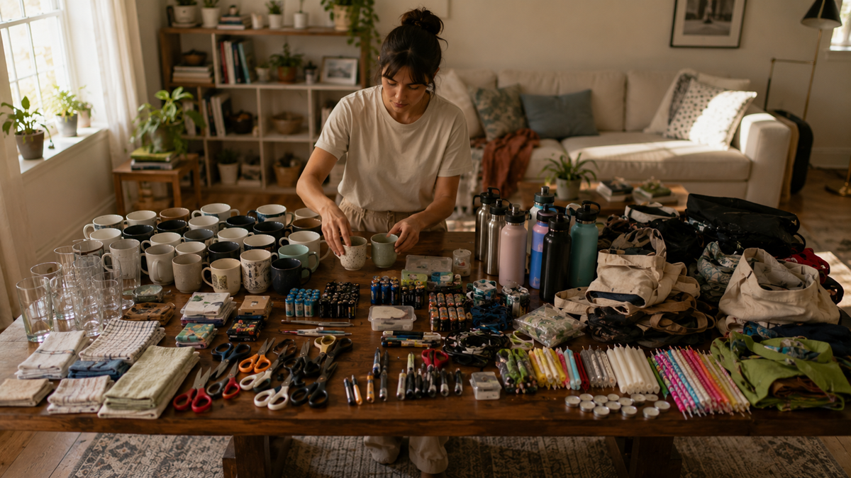 A person stands at a table covered with neatly arranged mugs, glasses, water bottles, batteries, scissors, pens, markers, cloths, and other everyday items in a cozy, sunlit living room.