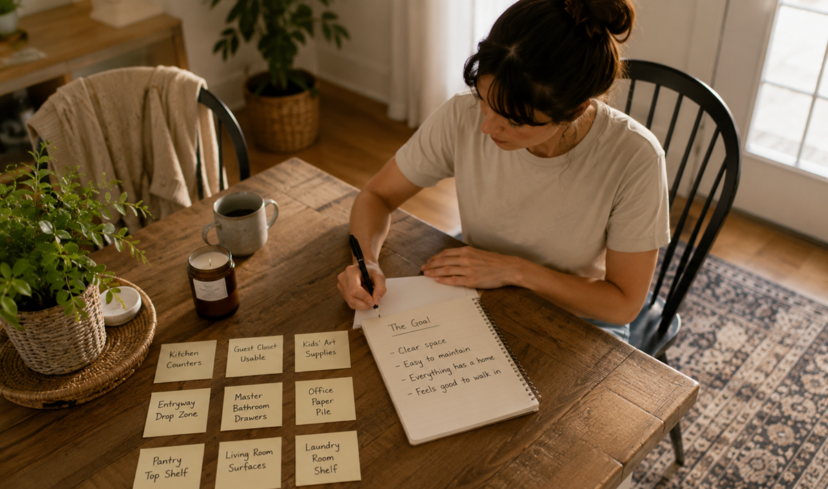 A woman sits at a wooden table writing in a notebook. Decluttering. Sticky notes with organized home tasks are spread out in front of her. There is a plant, candle, mug, and laptop also on the table. Natural light fills the room.