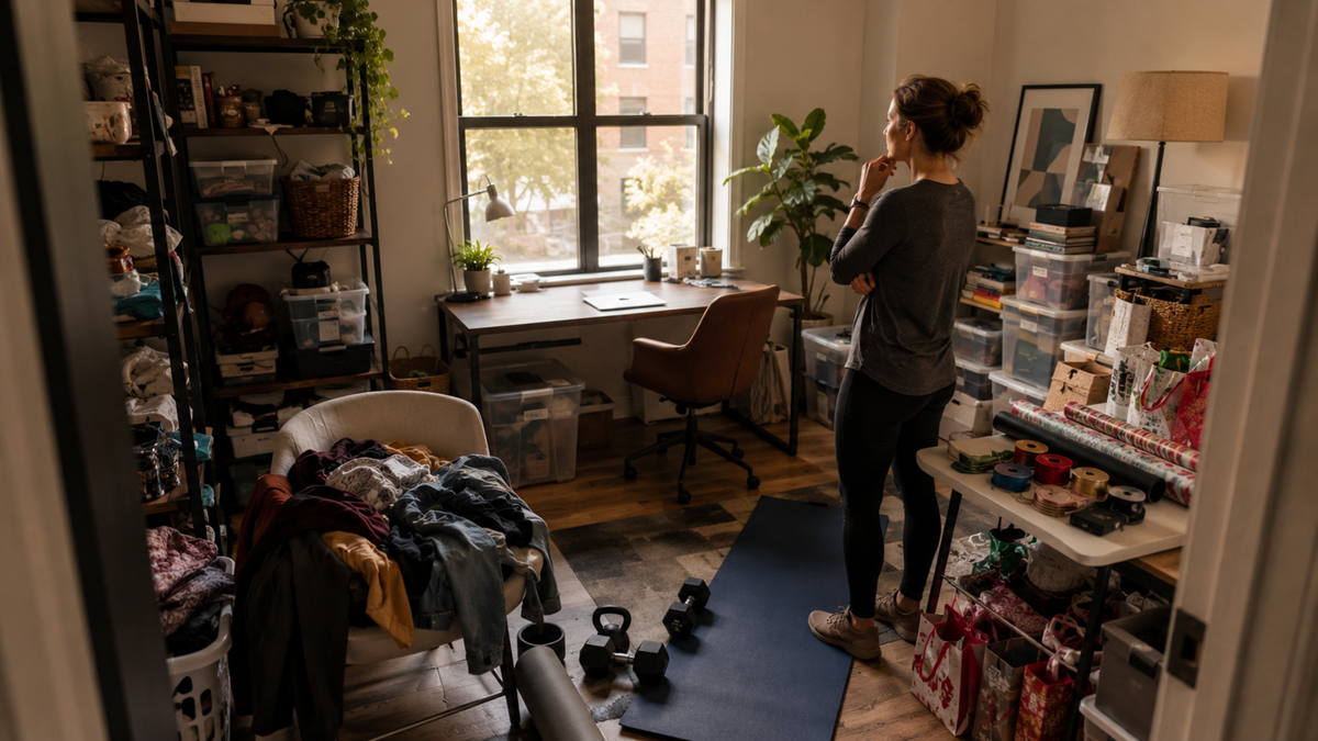 A woman stands thoughtfully in a cluttered home office with a desk by the window, exercise mat, dumbbells, scattered clothes, and organized storage bins, suggesting a multipurpose and busy space.