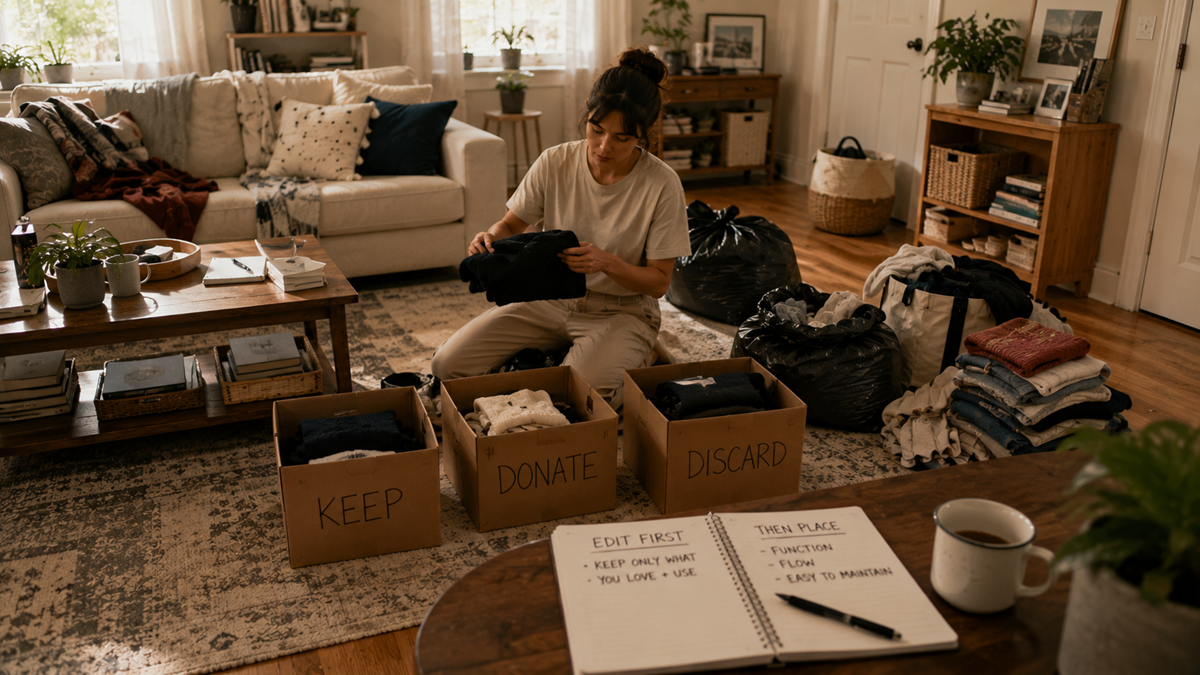 A person sits on the floor sorting clothes into cardboard boxes labeled "KEEP," "DONATE," and "DISCARD" in a living room. An open notebook with sorting tips and a cup of coffee are on a nearby table.