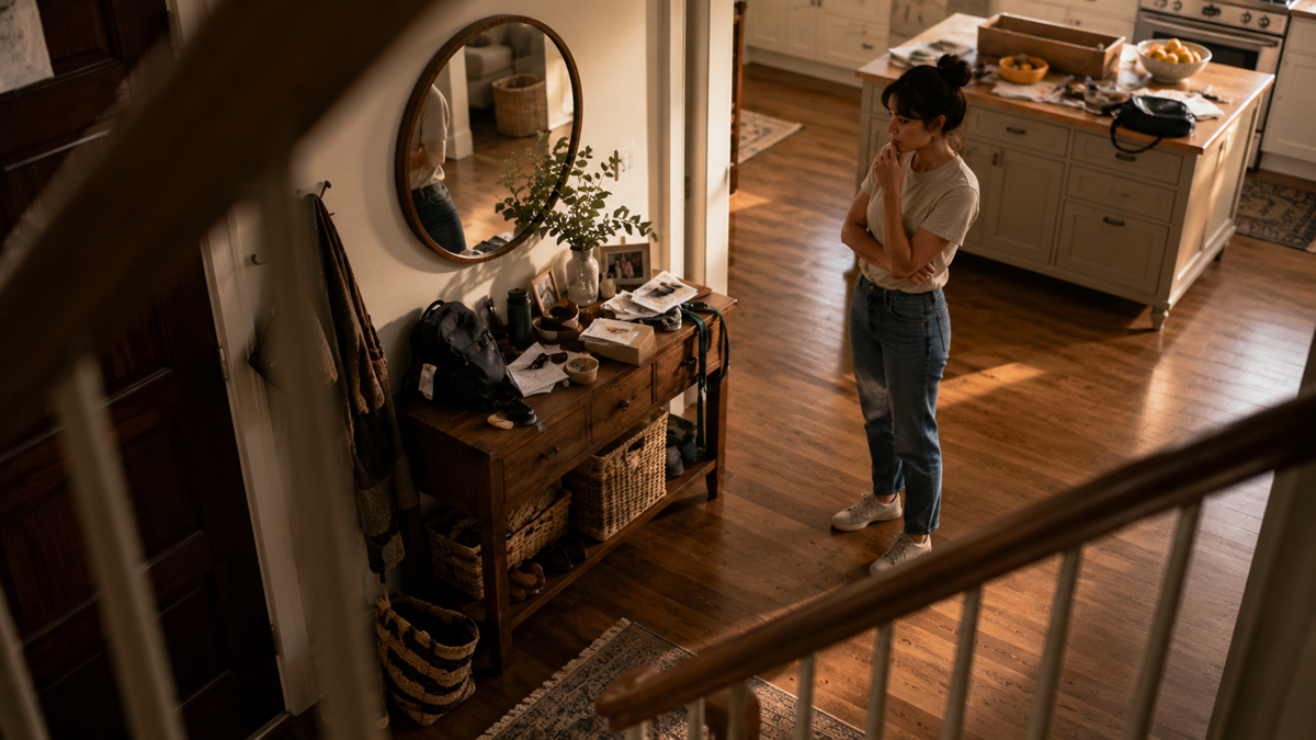 A woman stands thoughtfully in a tidy, sunlit entryway by a wooden console table with various items, a round mirror above it, and baskets underneath; a kitchen is visible in the background.
