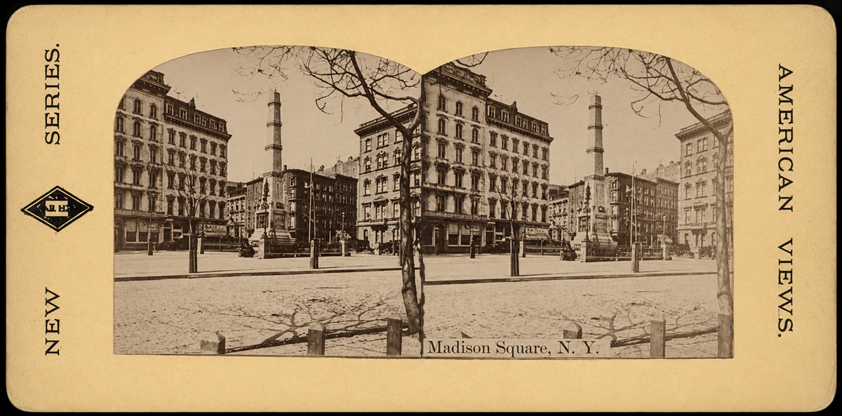 Vintage stereoscopic photograph of Madison Square, New York, showing historic buildings, streetcars, and leafless trees. The image is bordered by a yellow mat labeled "American Views" and "New Series.