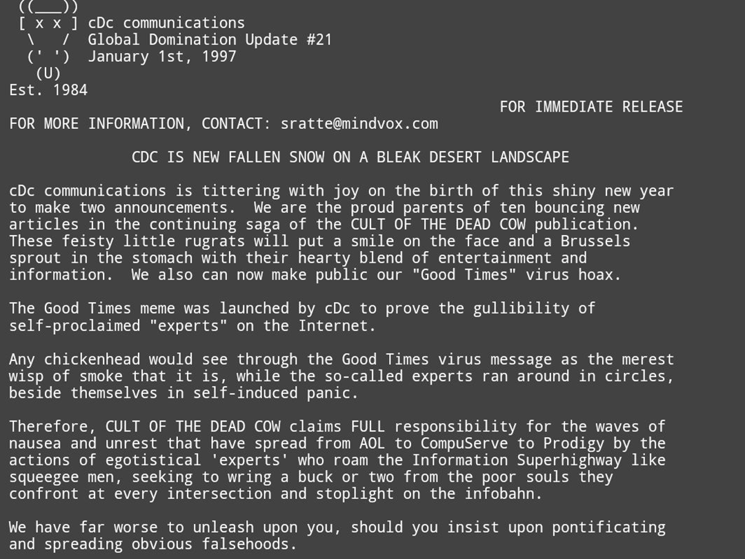 Black-and-white press release from Global Communications Update #21 (Jan 1, 1997) warns about a new 'GOOD TIMES' virus hoax, debunking internet rumors and criticizing self-proclaimed online "experts.