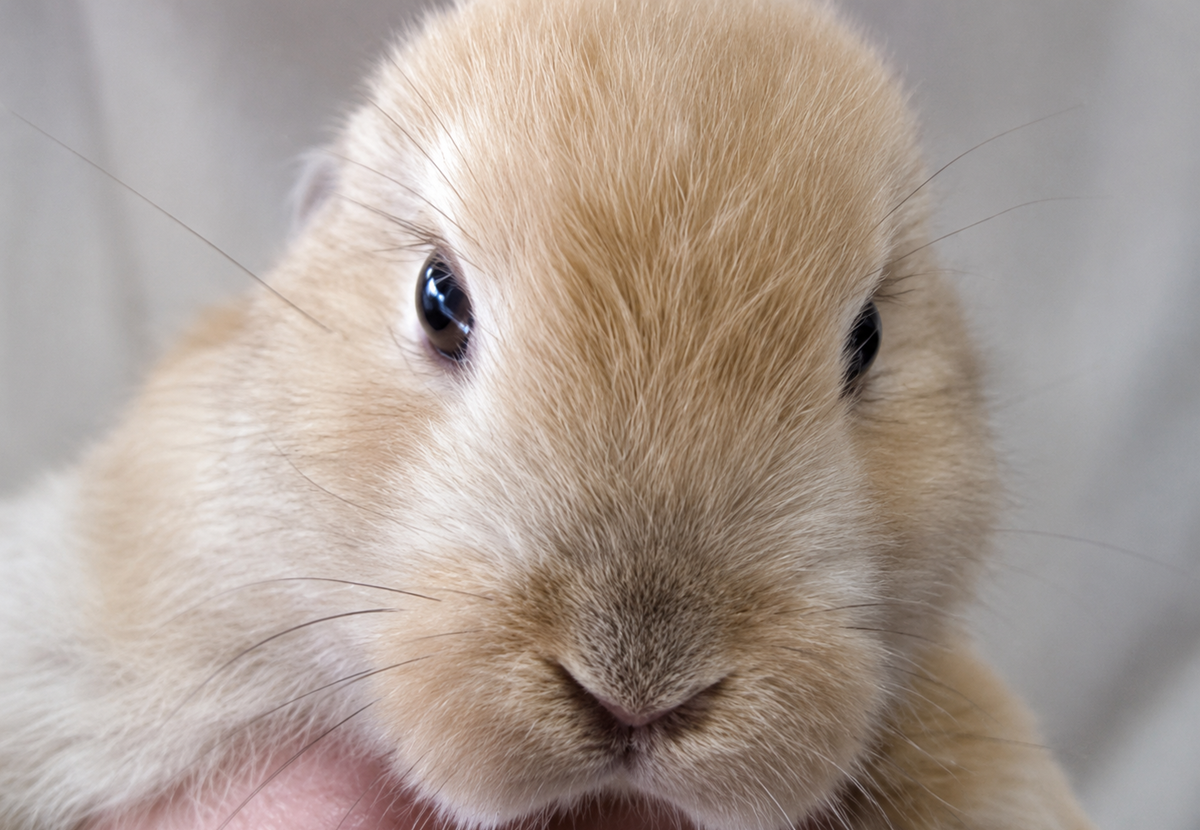 Close-up of a light brown baby rabbit with soft fur and dark eyes, looking directly at the camera. The background is a neutral color, making the bunny’s face the main focus.