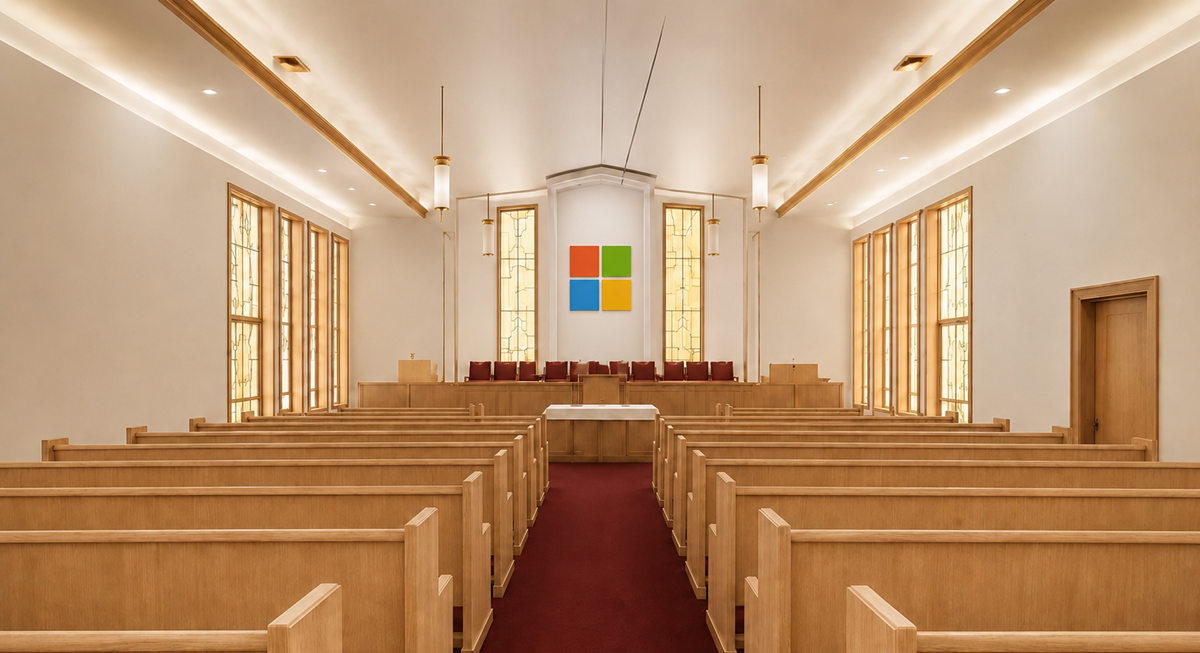 A church sanctuary with wooden pews and stained glass windows, featuring a large Microsoft logo on the wall behind the altar.