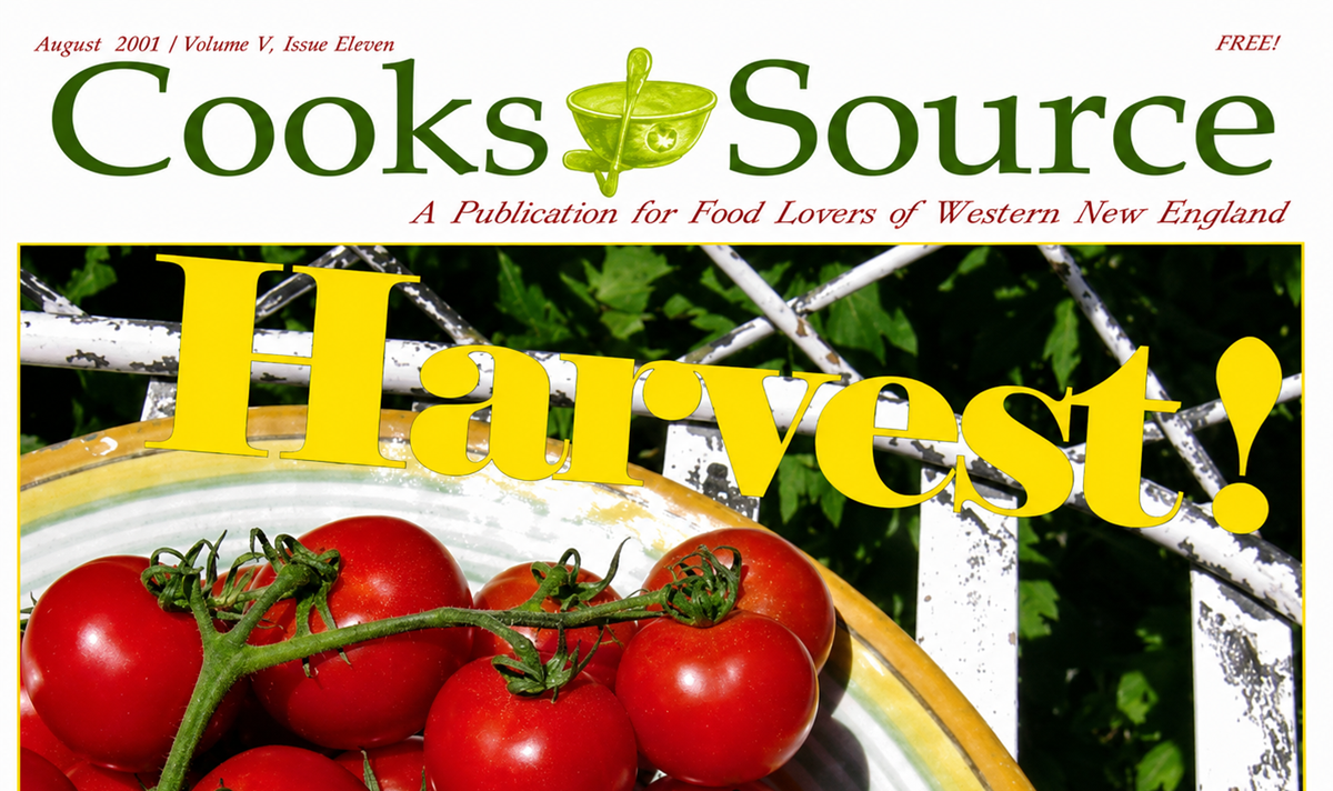 Cover of Cooks Source magazine featuring a bowl of ripe red tomatoes on the vine with large yellow text reading "Harvest!" and publication details at the top.