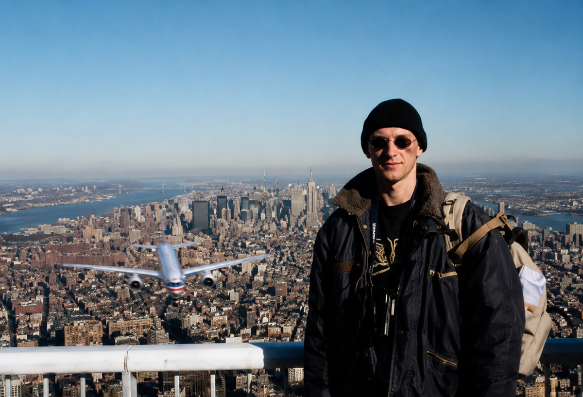 A man wearing sunglasses, a black beanie, and a dark jacket stands on a rooftop terrace overlooking New York City. A commercial airplane flies closely in the background above the city skyline.