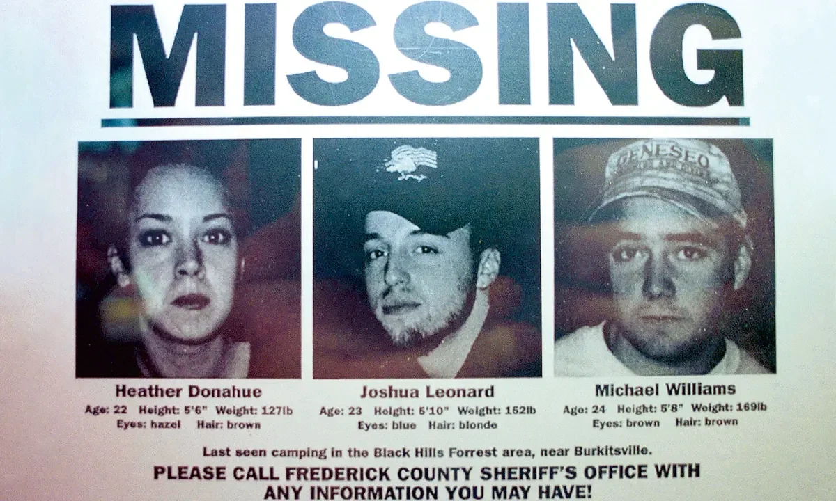 A missing persons poster with photos of Heather Donahue, Joshua Leonard, and Michael Williams, including their ages, heights, weights, and eye/hair colors, asking for information from the Frederick County Sheriff's Office.