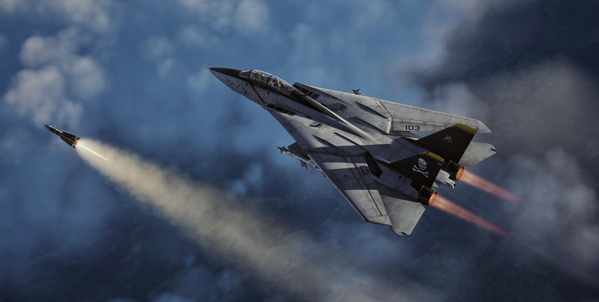 Two fighter jets soar through the sky above the clouds, with one jet firing a missile. Both jets have visible contrails behind them and the lead jet features a skull and crossbones insignia on its tail.