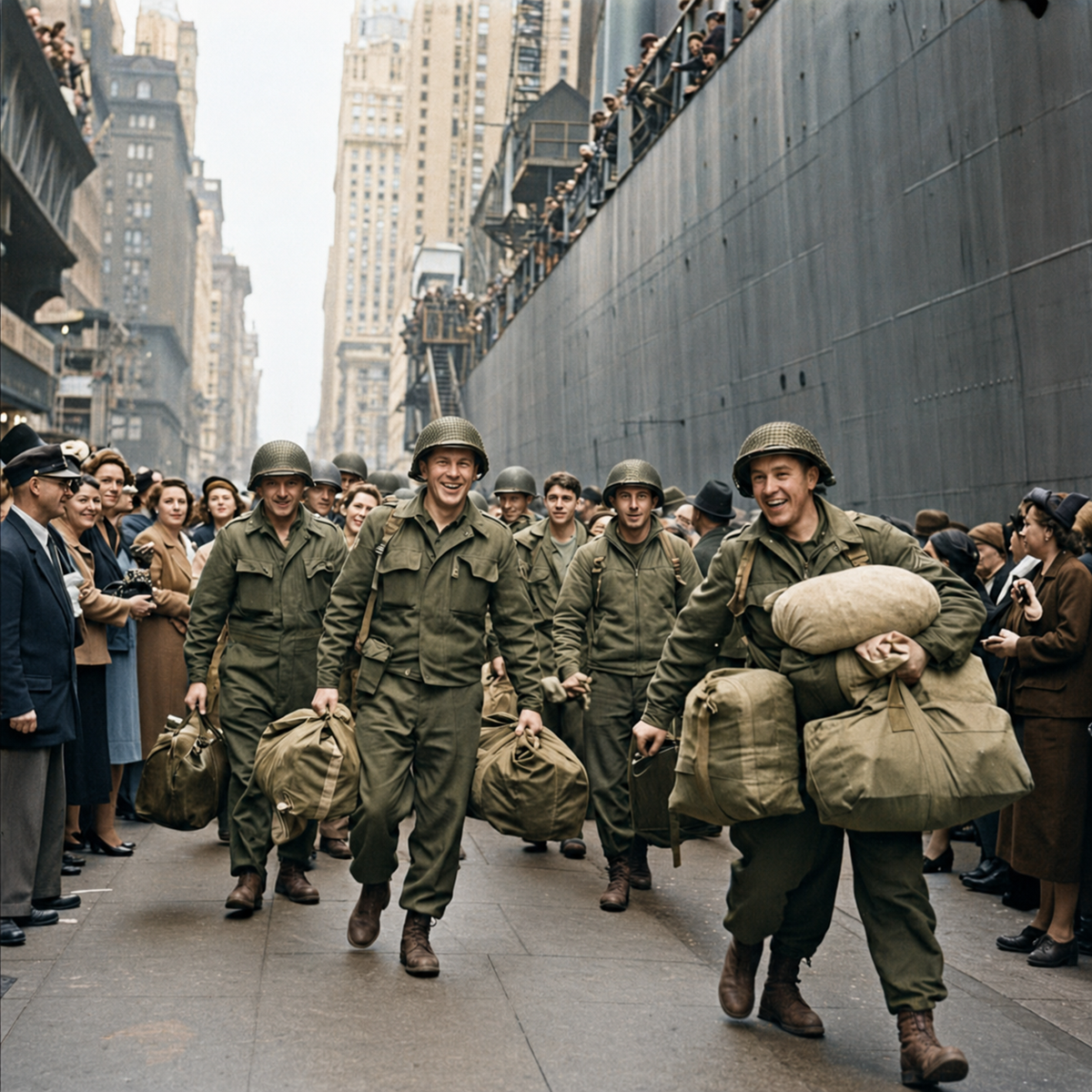 Smiling soldiers in uniform carrying duffel bags walk on a city street beside a large ship, surrounded by a crowd of civilians, with tall buildings in the background. Photos.