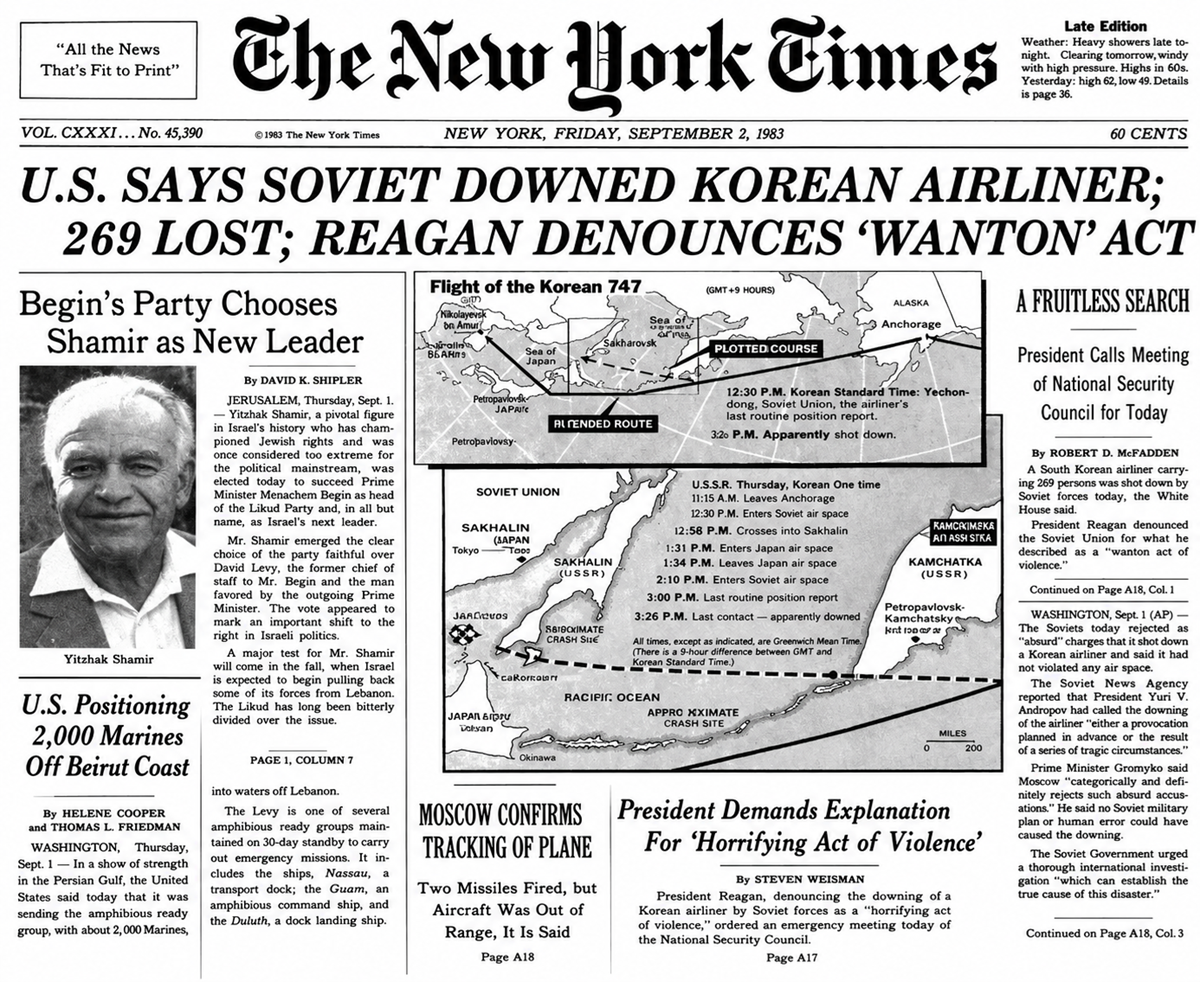 Front page of The New York Times from September 2, 1983, with headline “U.S. Says Soviet Downed Korean Airliner; 269 Lost; Reagan Denounces ‘Wanton’ Act,” featuring maps, articles, and photos relating to the incident.