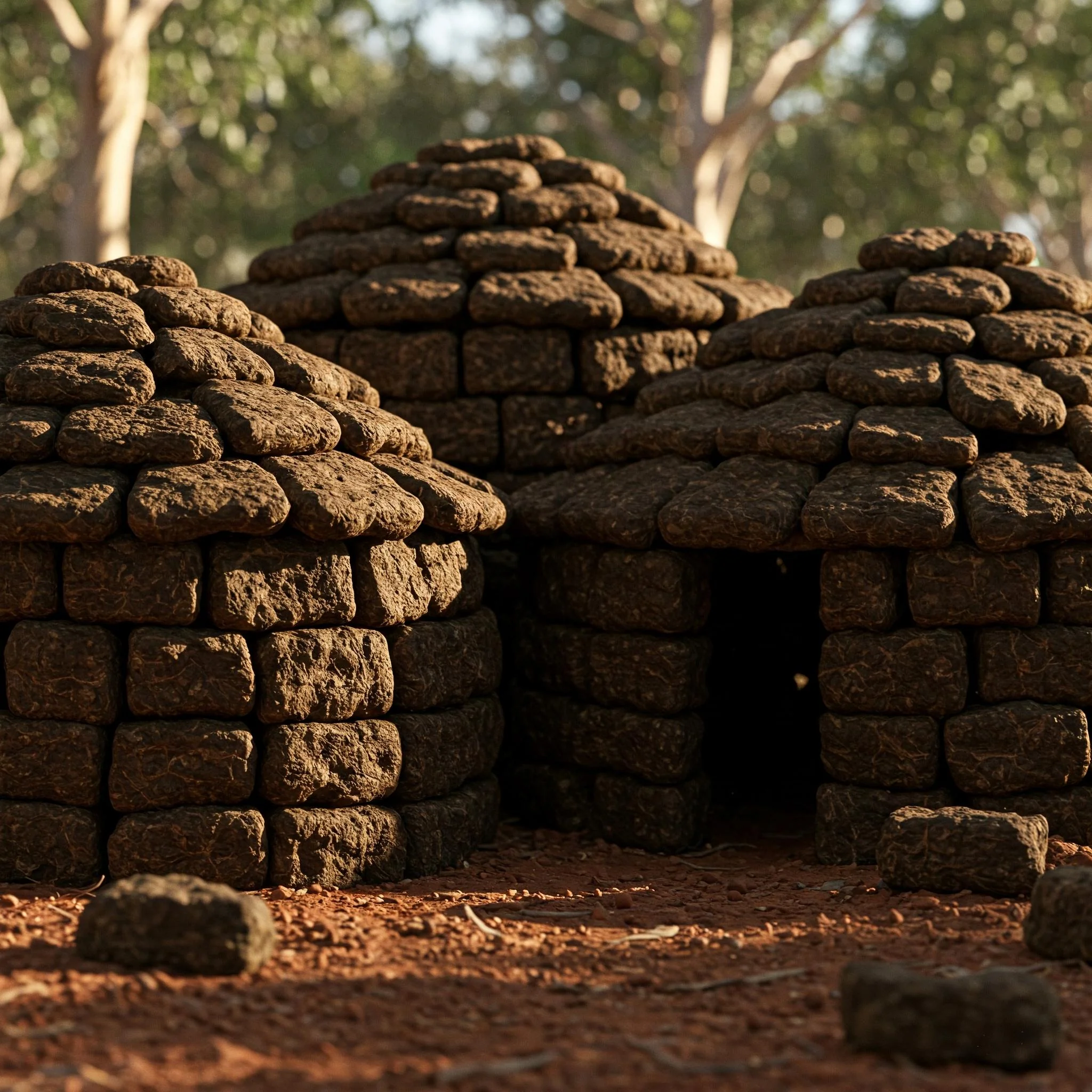 Three round huts made of stacked mud or clay bricks with dome-shaped roofs, set outdoors on reddish soil with trees and greenery blurred in the background.
