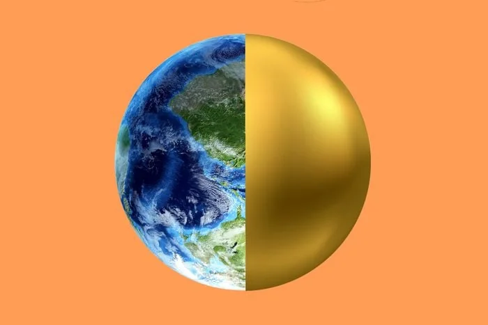 A sphere resembling Earth is split in half vertically; one half shows the planet’s surface, while the other half is smooth and gold, against a solid orange background.