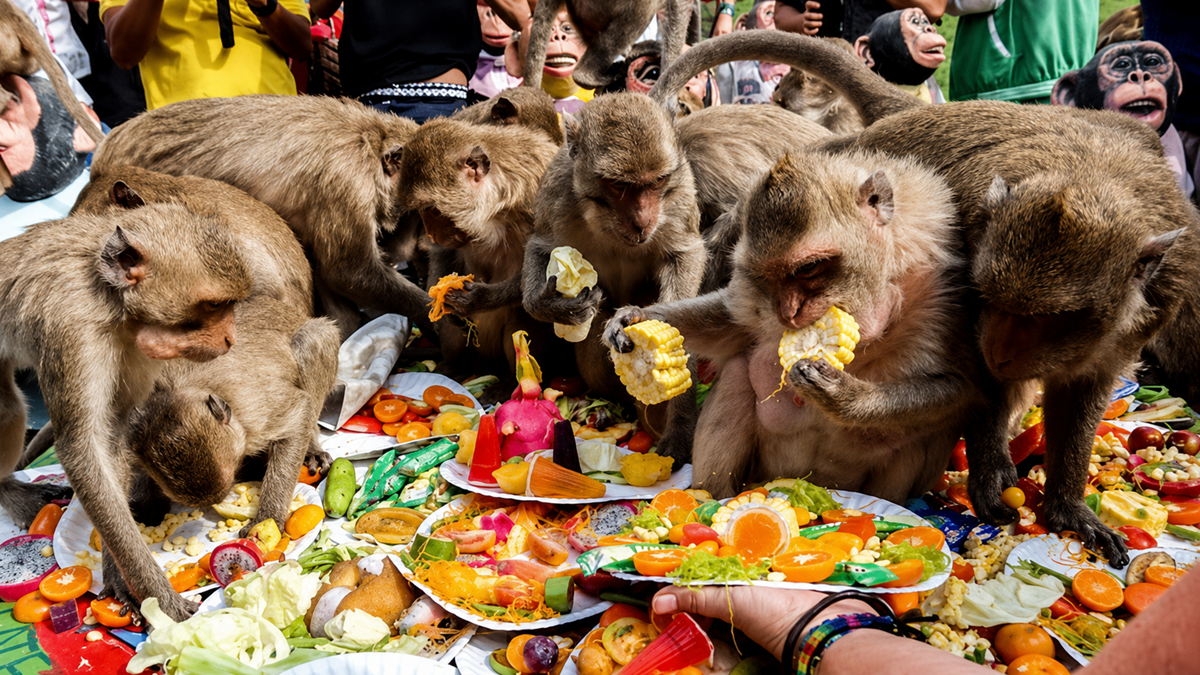 A group of monkeys crowded around a table covered with fruits and vegetables, eating enthusiastically. People with cameras and colorful clothing stand in the background, watching the scene.
