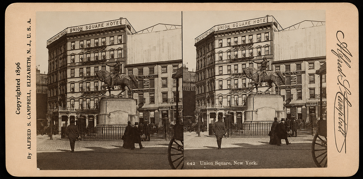 Historic black-and-white photo of Union Square, New York, in 1896, featuring a statue of a man on horseback in front of the Union Square Hotel with people walking and horse-drawn carriages nearby.