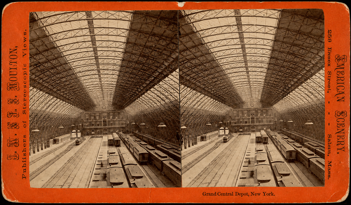 Sepia stereograph of Grand Central Depot, New York, showing trains and platforms under a large glass and iron arched roof, with people and railroad cars inside the spacious terminal.