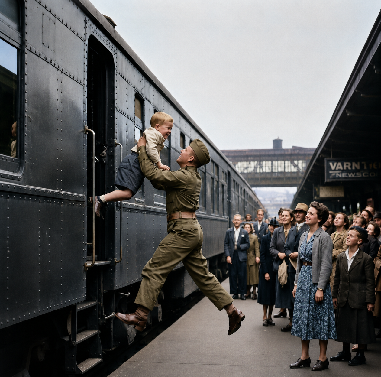 A soldier in uniform lifts a smiling child out of a train window while a crowd of people, mostly women, watch and smile at a busy train station. The moment captures joy and reunion.