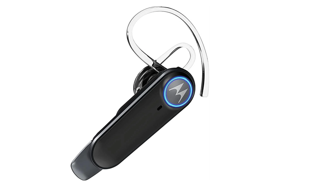 A black Motorola Bluetooth headset with a clear ear hook and a glowing blue light ring, displayed against a white background.