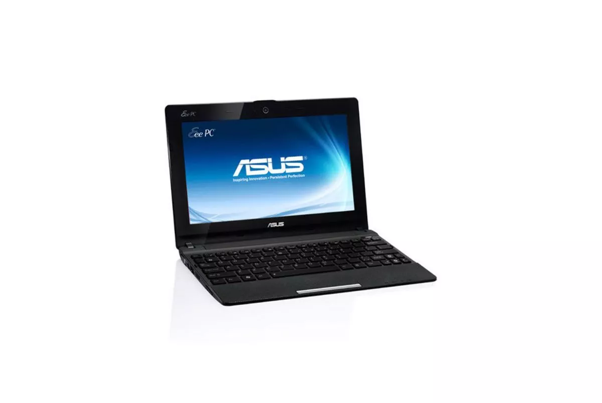 A black Asus Eee PC netbook with its screen open, displaying the Asus logo and slogan on a blue background, placed on a white surface with a white background.
