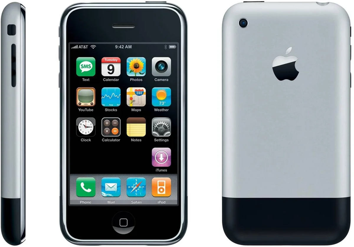 A first-generation iPhone is shown from three angles: front, left side, and back. The front displays a black screen with colorful app icons, while the back is silver with a black bottom and an Apple logo.