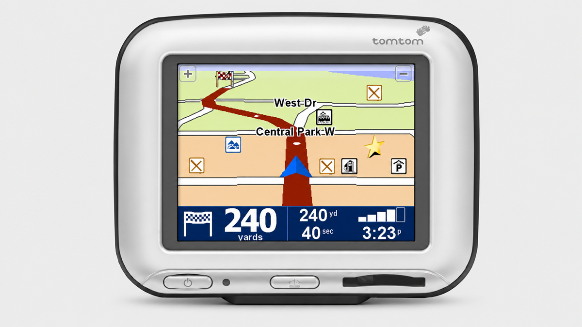 A TomTom GPS device displays driving directions with a highlighted route, distance to destination, estimated time, and nearby street names like West Dr and Central Park W. The current distance remaining is 240 yards.