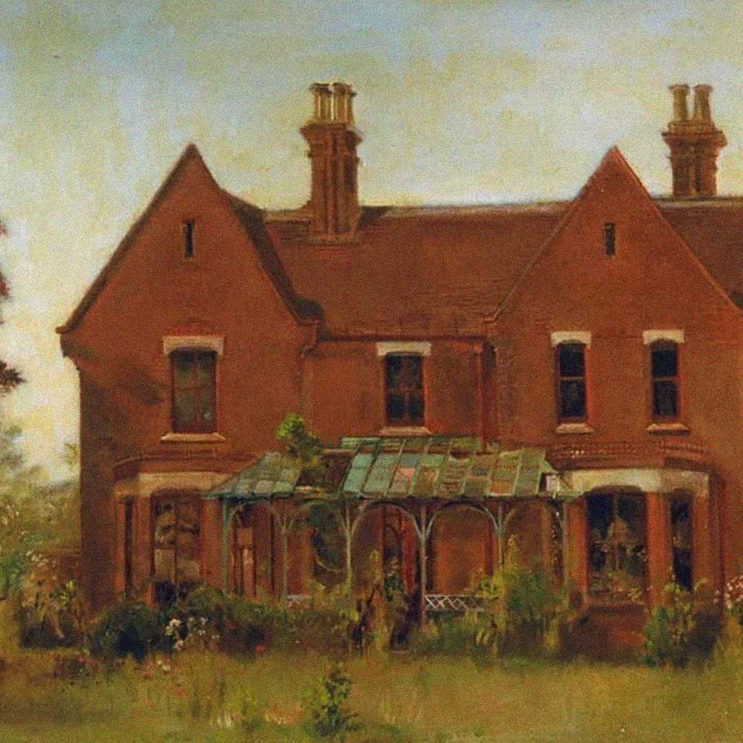 A painting of a large red-brick house with tall chimneys and a glass greenhouse attached to the back, surrounded by a garden with various flowers and greenery. The sky is pale and slightly cloudy.