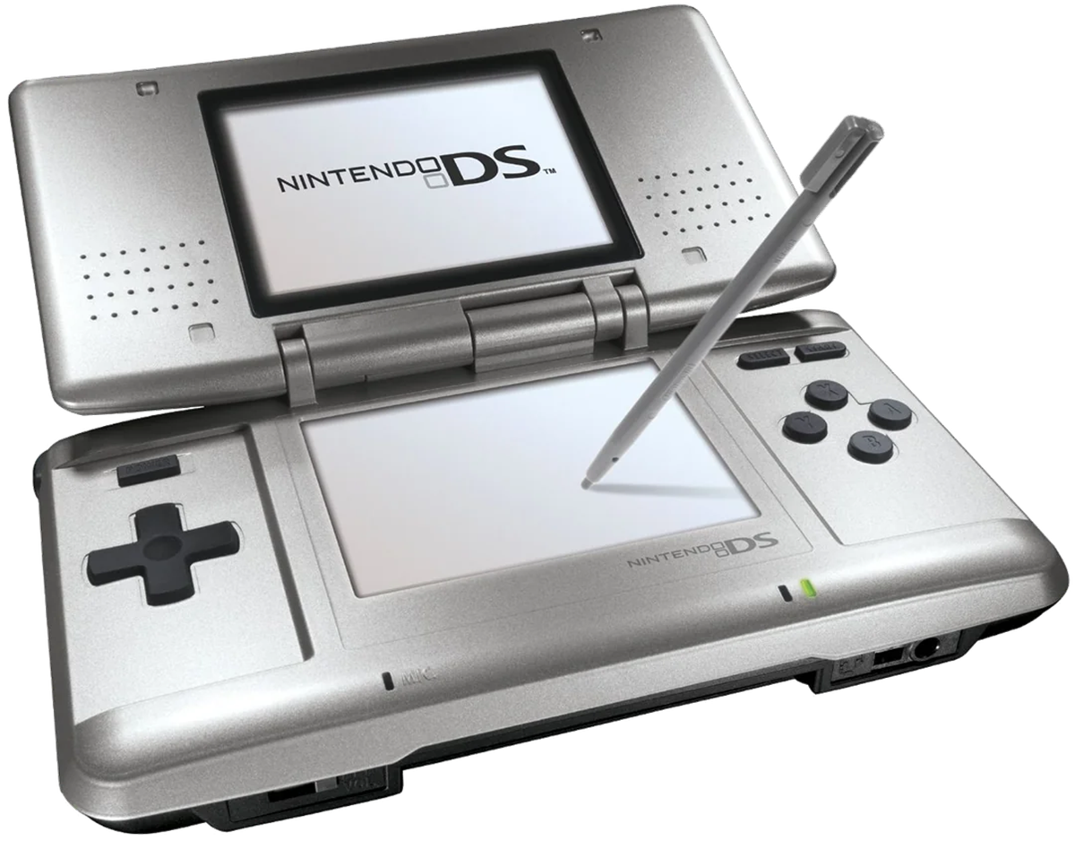A silver Nintendo DS handheld gaming console is open, displaying the logo on the top screen. A stylus touches the touch screen on the bottom half of the device.