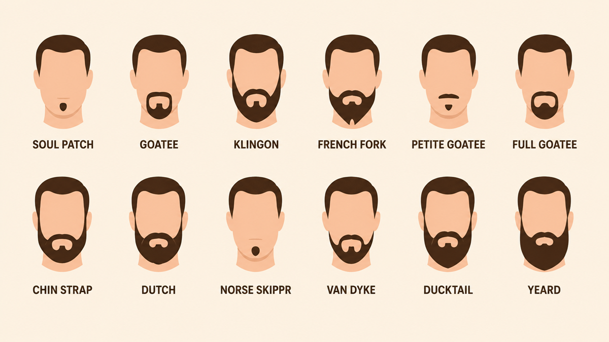 Illustration of twelve different male beard styles, each labeled: Soul Patch, Goatee, Klingon, French Fork, Petite Goatee, Full Goatee, Chin Strap, Dutch, Norse Skipper, Van Dyke, Ducktail, and Yeard.