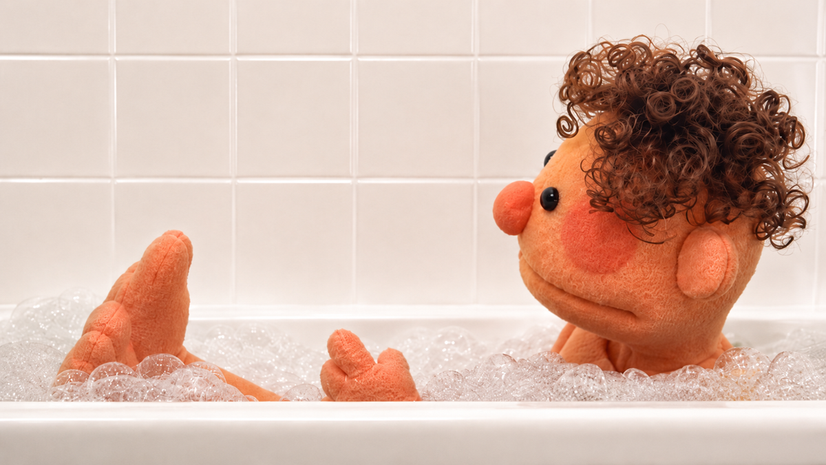A curly-haired puppet with orange skin and rosy cheeks sits in a bathtub filled with bubbles, against a white tiled wall.