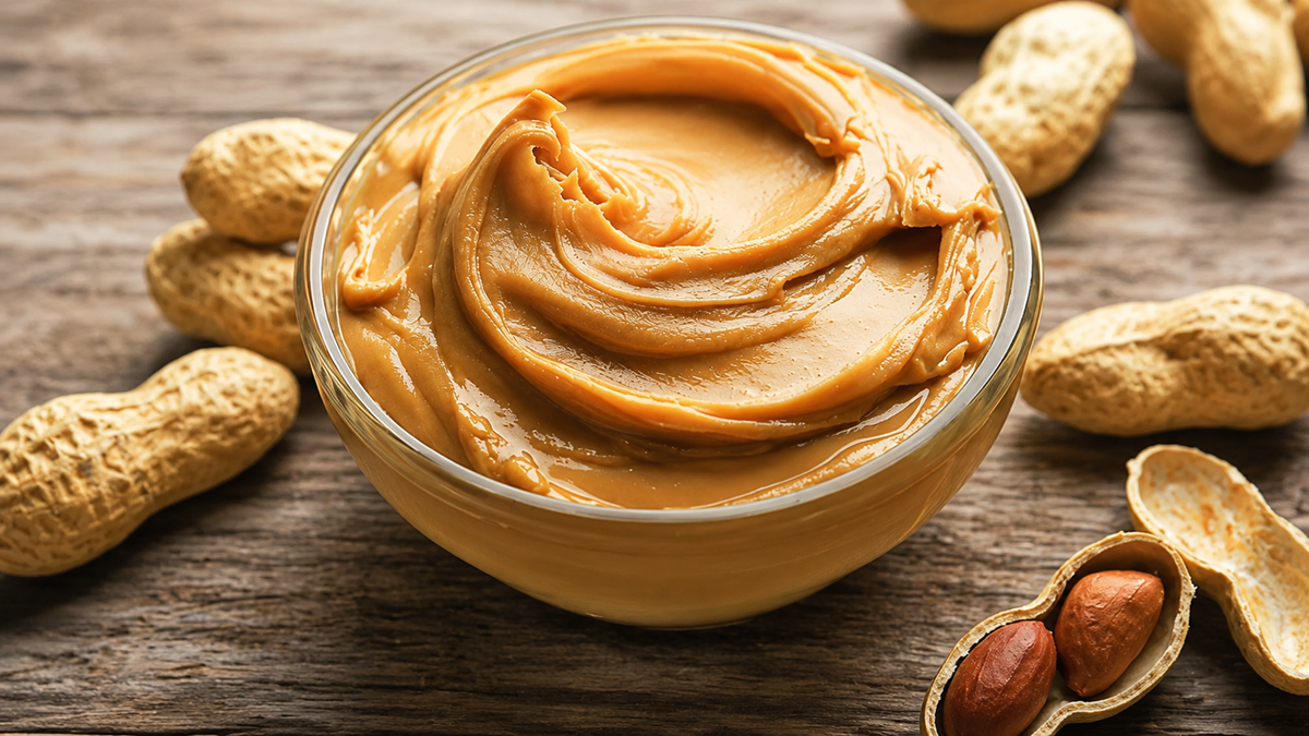 A glass bowl filled with creamy peanut butter sits on a wooden surface, surrounded by whole peanuts in their shells and some shelled peanuts.
