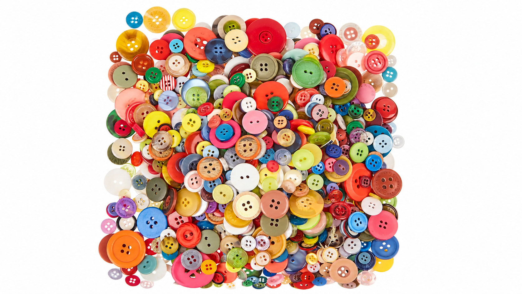 A large, colorful assortment of buttons in various sizes and shapes, densely arranged in a square on a white background. Button phobia