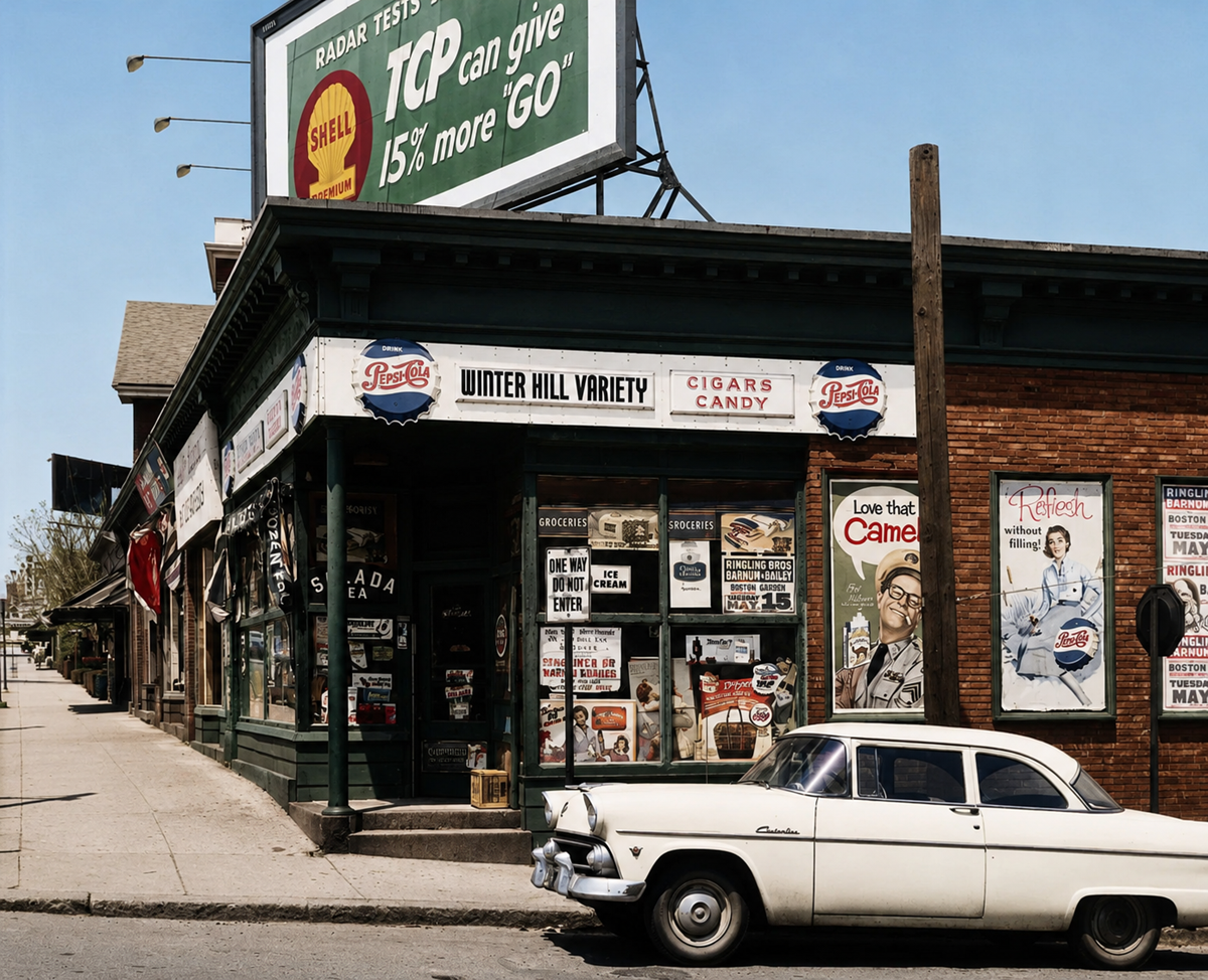 A vintage corner store with various posters and signs, including “Winter Hill Variety,” “Cigars,” and “Candy.” A classic white car is parked outside, and a large Shell billboard is visible above the building.