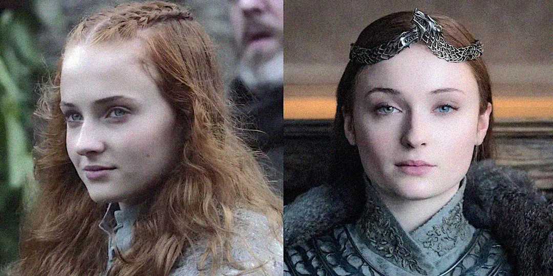 Side-by-side images of a young woman with long red hair, first with simple braids and clothing, then older, wearing a crown and ornate clothing, showing her transformation over time.