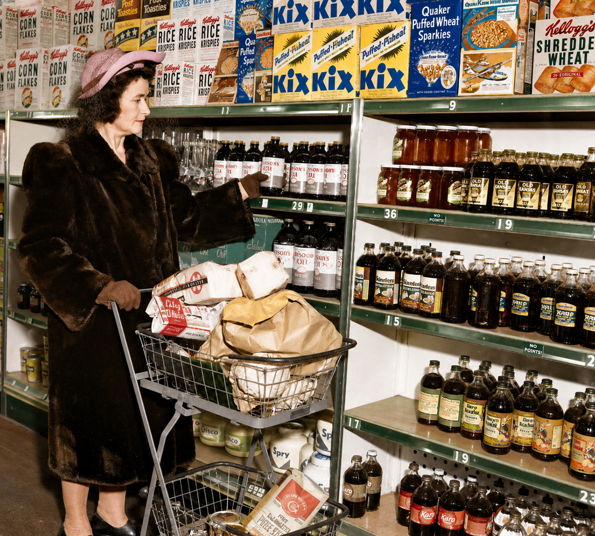 A woman in a brown fur coat and pink hat stands with a shopping cart filled with groceries in a grocery store aisle, reaching for a bottle on a shelf stocked with soda and breakfast cereals.