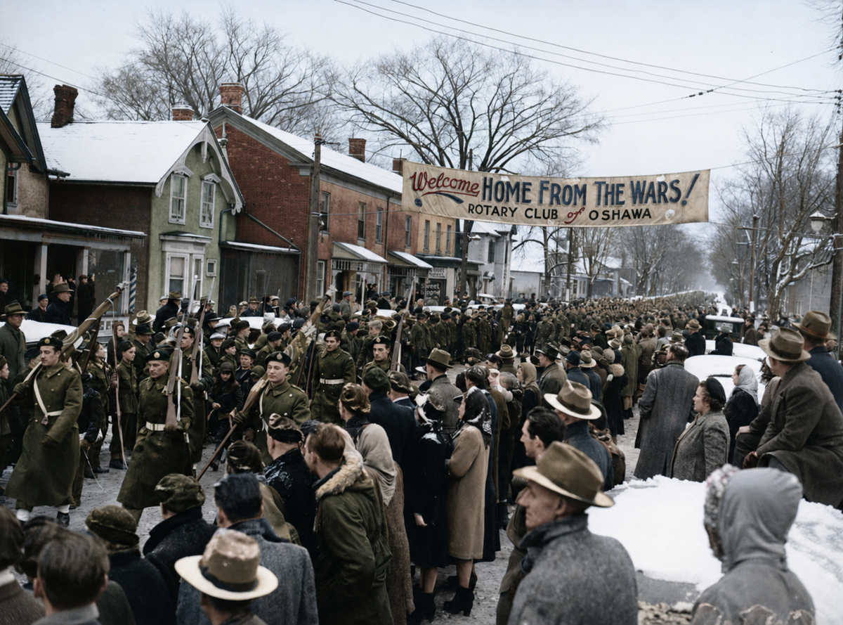 Soldiers in uniform march down a snowy street lined with cheering crowds and old houses. A banner above reads "Welcome Home From The Wars! Rotary Club of Oshawa.