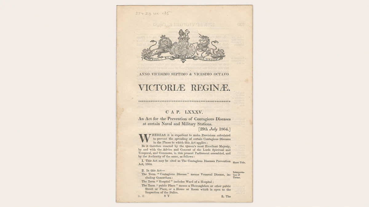 An old official document titled "VICTORIAE REGINAE" featuring a British royal coat of arms, printed text, and legal formal language regarding the prevention of contagious diseases dated 29th July, 1864.